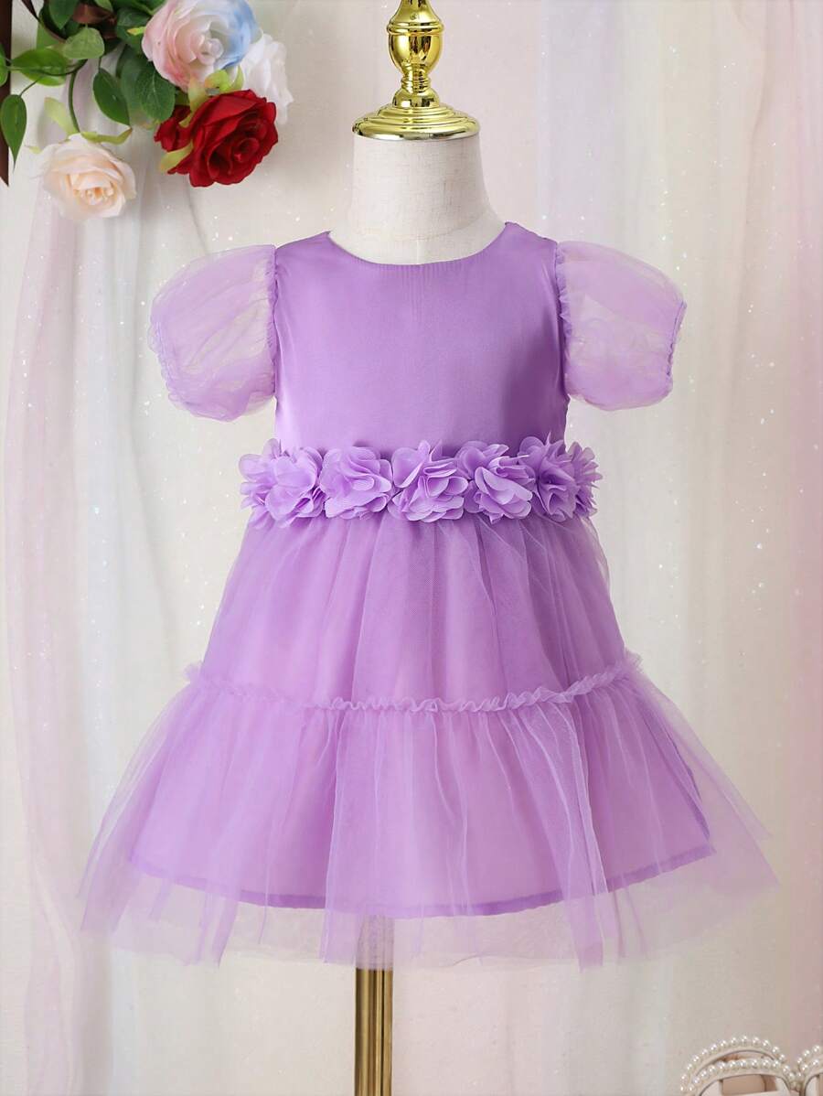Baby Flower Appliques Contrast Mesh Puff Sleeve Ruffle Hem Dress