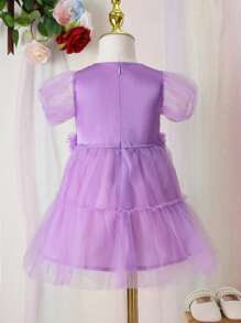 Baby Flower Appliques Contrast Mesh Puff Sleeve Ruffle Hem Dress