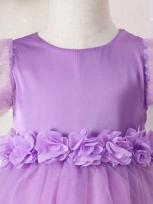 Baby Flower Appliques Contrast Mesh Puff Sleeve Ruffle Hem Dress