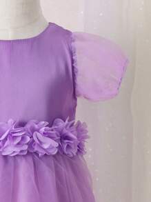Baby Flower Appliques Contrast Mesh Puff Sleeve Ruffle Hem Dress