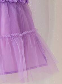 Baby Flower Appliques Contrast Mesh Puff Sleeve Ruffle Hem Dress