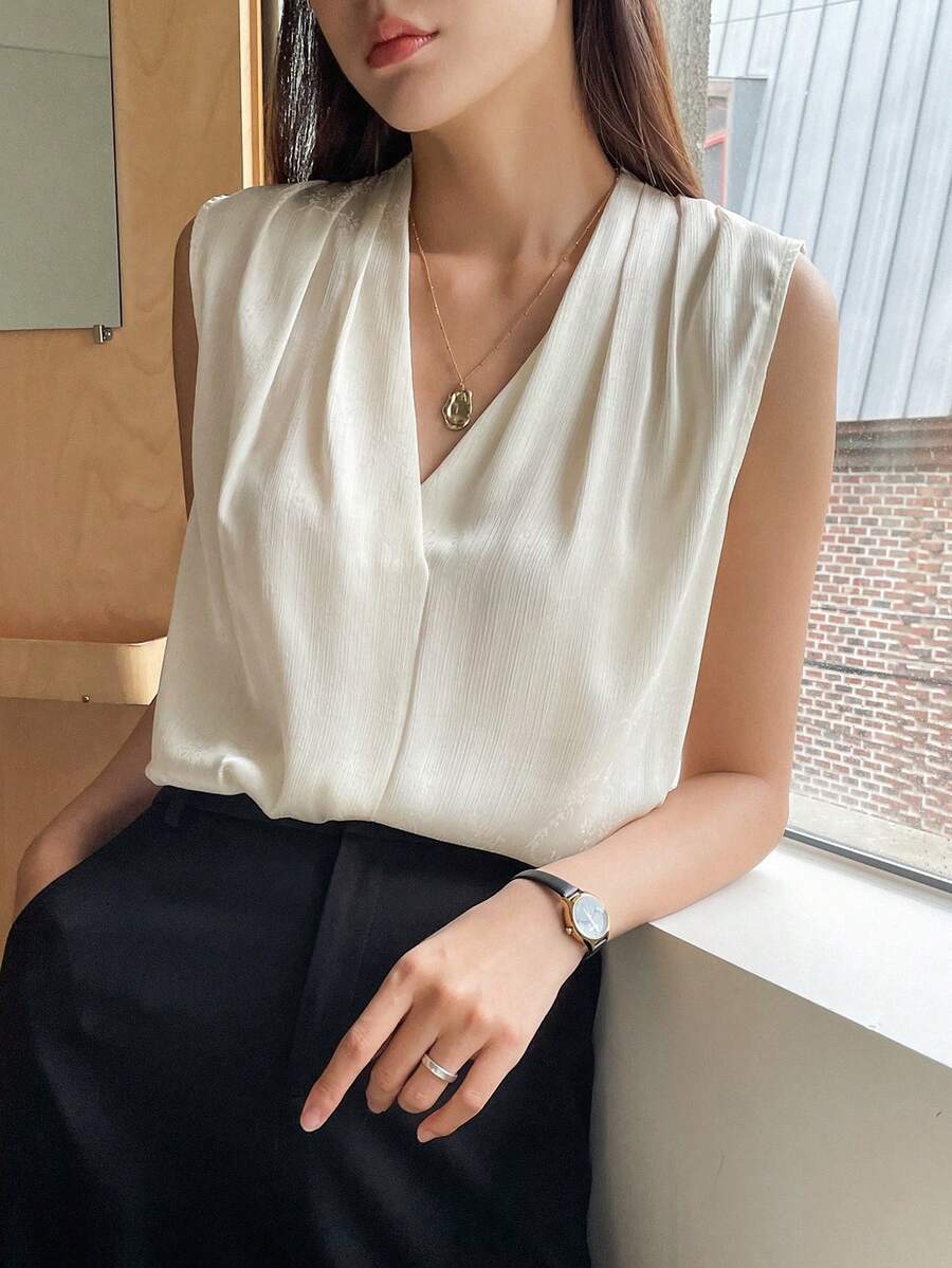 DAZY Solid V Neck Sleeveless Blouse Going Out Tops - Beige - View 1