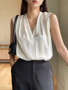 DAZY Solid V Neck Sleeveless Blouse Going Out Tops - Beige - View 3