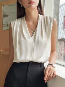 DAZY Solid V Neck Sleeveless Blouse Going Out Tops - Beige - View 10
