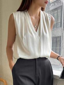 DAZY Solid V Neck Sleeveless Blouse Going Out Tops - Beige - View 4
