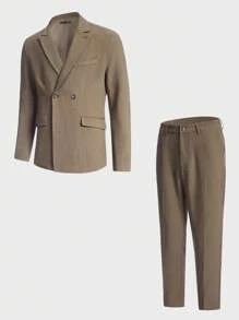 Manfinity NiteLyfe 男士素色雙排釦西裝外套和西裝褲套裝 - 卡其色 - 查看 1