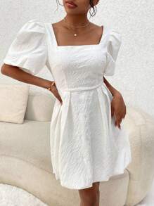 GENKIRA 方領泡泡袖連衣裙 - 白色 - 查看 6