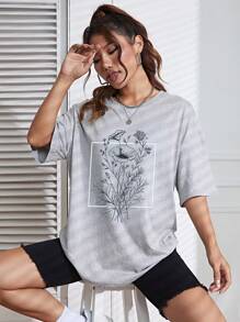 INAWLY 花卉印花落肩 T 恤 图案 T 恤 女式上衣 - 淺灰色 - 查看 5