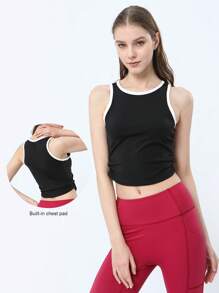 撞色滾邊側收褶短款運動背心 - 黑與白 - 查看 4