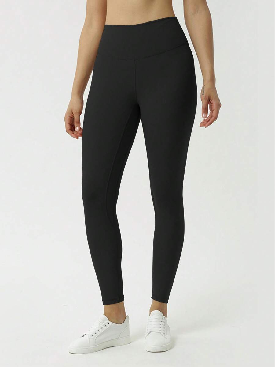 實色寬鬆腰帶運動緊身褲 - 黑色 - 查看 1