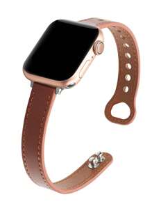 1 条男女通用纯色皮革表带，适用于 Apple Watch Series 7/6/5/4/3/2/1 38mm 40mm 41mm 42mm 44mm 45mm - 棕色 - 查看 3