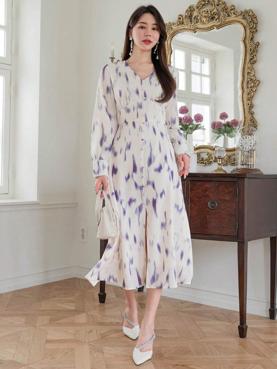 DAZY Đầm Nút phía trước Tất cả trên in Thanh lịch - Màu be - Xem 1