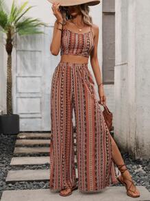 Breezaya 幾何印花吊帶上衣和高衩闊腿褲