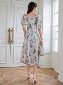 DAZY Vestido con estampado floral escote corazón de manga farol - Verde - Ver 2