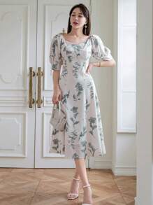 DAZY Vestido con estampado floral escote corazón de manga farol - Verde - Ver 3