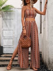 Breezaya 幾何印花吊帶上衣和高衩闊腿褲