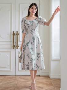 DAZY Vestido con estampado floral escote corazón de manga farol - Verde - Ver 7