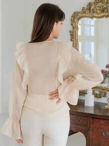 DAZY Flounce Sleeve Ruffle Trim Belted Wrap Blouse - Beige - View 2