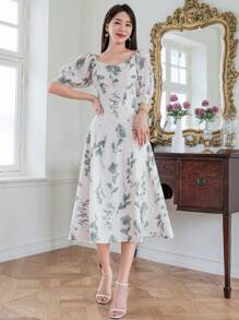 DAZY Vestido con estampado floral escote corazón de manga farol - Verde - Ver 8