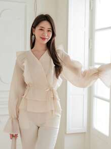 DAZY Flounce Sleeve Ruffle Trim Belted Wrap Blouse - Beige - View 3