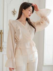DAZY Flounce Sleeve Ruffle Trim Belted Wrap Blouse - Beige - View 5