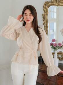 DAZY Flounce Sleeve Ruffle Trim Belted Wrap Blouse - Beige - View 6