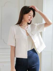 DAZY 扣子前排扣襯衫,翻蓋細節 - 米色 - 查看 7