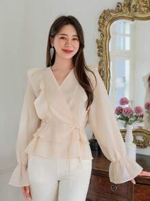 DAZY Flounce Sleeve Ruffle Trim Belted Wrap Blouse - Beige - View 8