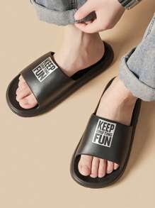 時尚拖鞋適用於男士字母圖案單帶拖鞋 - 黑色 - 查看 1