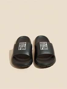 時尚拖鞋適用於男士字母圖案單帶拖鞋 - 黑色 - 查看 2