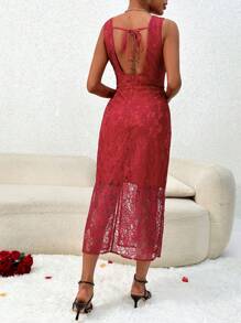 SHEIN Privé Solid Split Thigh Lace Dress - Red - View 2