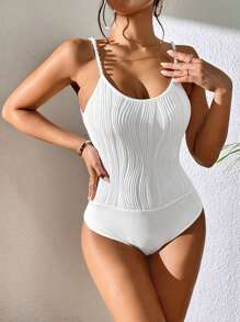 SHEIN Privé Solid Pearls Beaded Cami Bodysuit - White - View 5