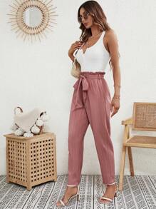 SHEIN Frenchy Quần nữ Thắt lưng Quần paper-bag màu trơn Giải trí - Bụi hồng - Xem 4