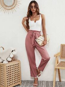 SHEIN Frenchy Quần nữ Thắt lưng Quần paper-bag màu trơn Giải trí - Bụi hồng - Xem 5