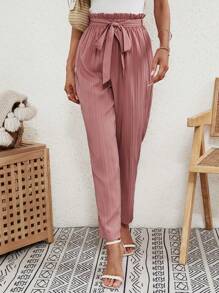 SHEIN Frenchy Quần nữ Thắt lưng Quần paper-bag màu trơn Giải trí - Bụi hồng - Xem 6
