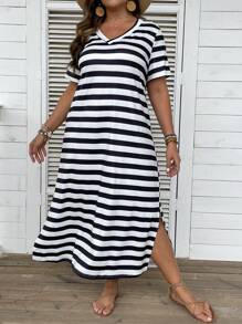 Breezaya Gestreiftes Sommerkleid mit Schlitzaum im Boho-Stil für Damen in Große Größen