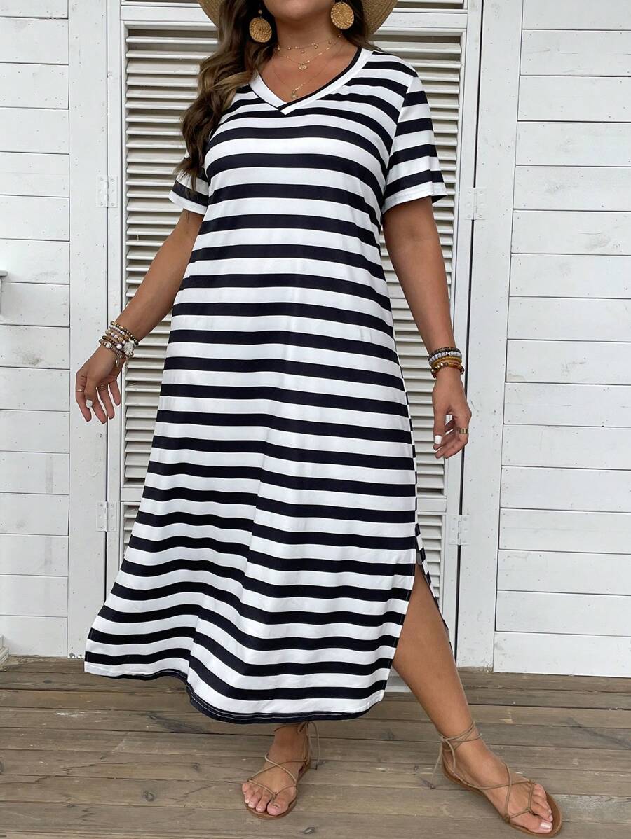 Breezaya Gestreiftes Sommerkleid mit Schlitzaum im Boho-Stil für Damen in Große Größen
