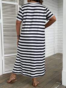 Breezaya Gestreiftes Sommerkleid mit Schlitzaum im Boho-Stil für Damen in Große Größen