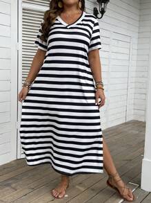 Breezaya Gestreiftes Sommerkleid mit Schlitzaum im Boho-Stil für Damen in Große Größen