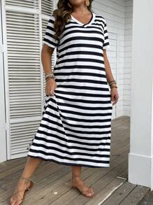 Breezaya Gestreiftes Sommerkleid mit Schlitzaum im Boho-Stil für Damen in Große Größen