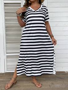 Breezaya Gestreiftes Sommerkleid mit Schlitzaum im Boho-Stil für Damen in Große Größen