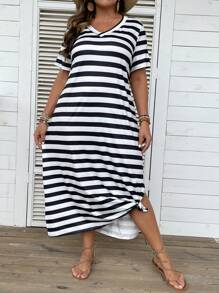 Breezaya Gestreiftes Sommerkleid mit Schlitzaum im Boho-Stil für Damen in Große Größen