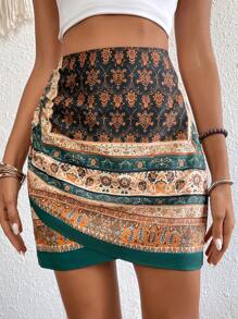 Grefit SHEIN LUNE Floral Print Wrap Hem Skirt - Multicolor - View 1