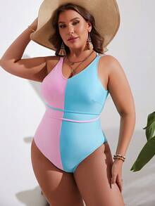 SHEIN Swim Curve Plus Two Tone Backless One Piece Swimsuit - Multicolor - View 3
