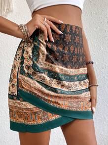 Grefit SHEIN LUNE Floral Print Wrap Hem Skirt - Multicolor - View 3