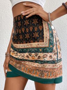 Grefit SHEIN LUNE Floral Print Wrap Hem Skirt - Multicolor - View 5