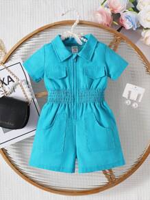 嬰兒翻蓋細節腰部打褶襯衫連體短褲 - 藍色 - 查看 1
