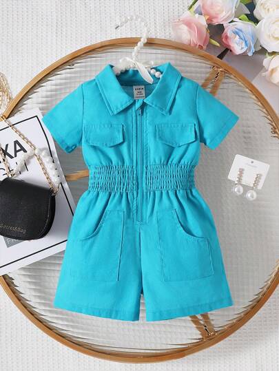 嬰兒翻蓋細節腰部打褶襯衫連體短褲