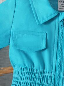 嬰兒翻蓋細節腰部打褶襯衫連體短褲 - 藍色 - 查看 4