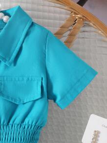 嬰兒翻蓋細節腰部打褶襯衫連體短褲 - 藍色 - 查看 5
